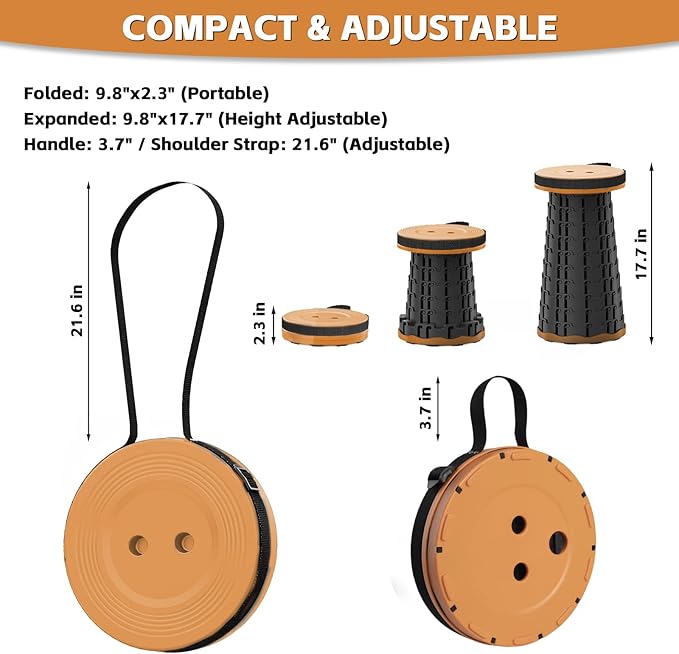 Collapsible Stool - Lightweight Portable Folding Stool for Camping, 330lb Capacity Telescoping Stool Adjustable Height(2.3-17.7") for Camping Fishing Travel