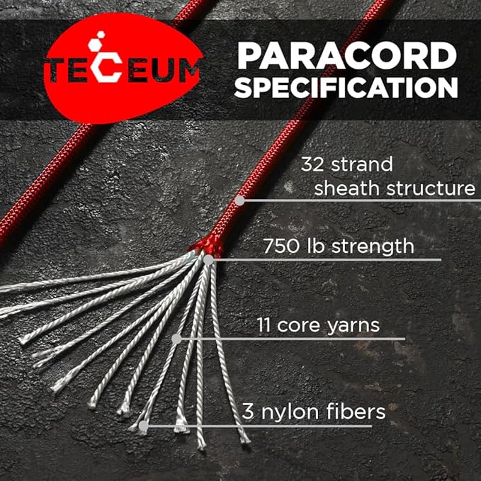 TECEUM 5/32" Paracord Rope 1000 – 1000ft / 200ft / 100ft / 50ft – Tactical Parachute Cord 4mm – 45+ Colors – Nylon String for Survival & Camping Gear – Stripe Cord for Survival – Utility Rope