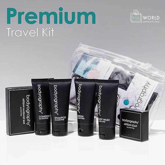 World Amenities - Bodyography Toiletry Kit - 6 Piece Set Shampoo, Conditioner, Body Wash, Lotion, Hand Soap, Massage Bar, Clear Travel Bag