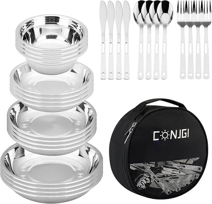 Camping Mess Kits - 28pcs Camping Dinnerware Set Camping Gifts Camping cookware Sets Camping Accessories Camping Cooking Utensils Set Bowls, Plates, Knives, Forks, Spoons