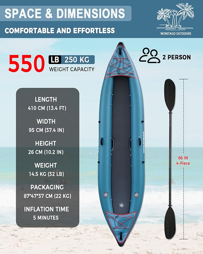 PVC Inflatable Kayak with Drop Stitch Floor, Recreational Touring Kayak with Kayak Paddle, Hand Pump and Carrying Bag, 1-2 Person