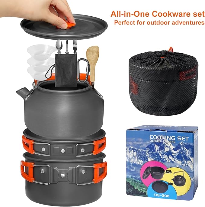 15pcs Camping Cookware, 1.7L Pot, 7inches Pan, 0.8L Kettle Set with Plates Stainless Steel Forks Knives Spoons Camping Cookware Mess Kit for Hiking,Camping,Backpacking,Outdoor Cooking