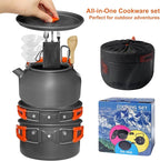 15pcs Camping Cookware, 1.7L Pot, 7inches Pan, 0.8L Kettle Set with Plates Stainless Steel Forks Knives Spoons Camping Cookware Mess Kit for Hiking,Camping,Backpacking,Outdoor Cooking