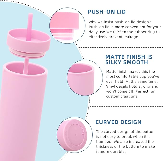 Volhoply 20oz Plastic Skinny Tumblers Bulk 4 Pack,Double Wall Tumbler with Lid and Straw,Reusable Travel Iced Coffee Mug,BPA Free Matte Acrylic Water Cups With Straw for Party,DIY Gifts(Pink, 4 Set)