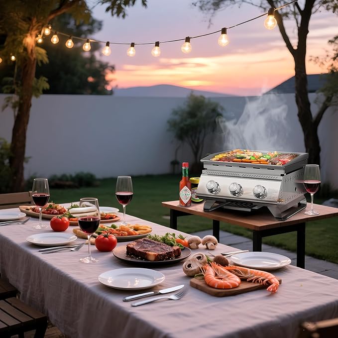 R.W.FLAME 3-Burner Tabletop Propane Gas Grill Stainless Steel Portable Outdoor Griddle,24,000 BTU Compact Flat Top Camping BBQ Grill,347 Sq. In. Cooking Area