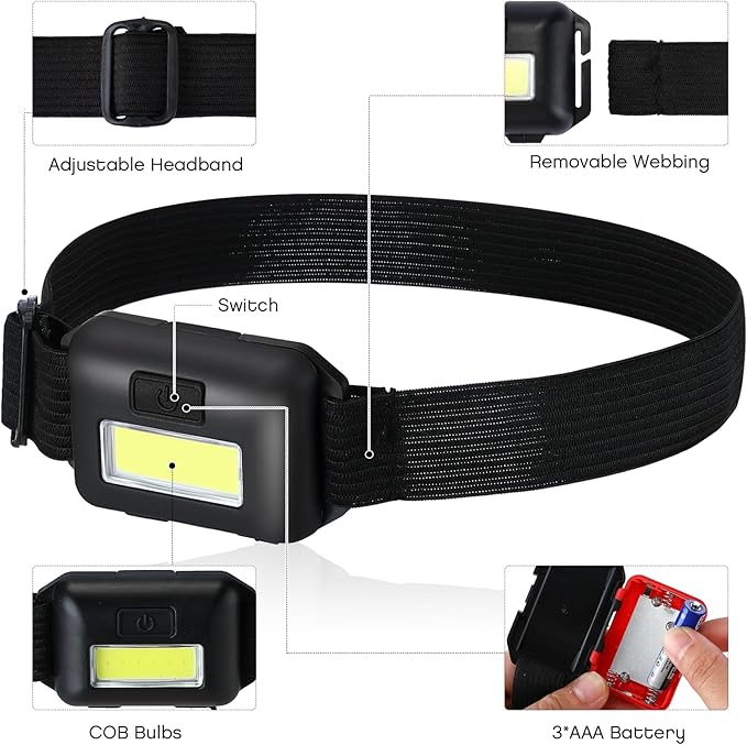 48 Pack LED Headlamp Flashlight Bright Waterproof Head Lamp Torch Cob Flood Head Light Bulk 800 lumens with 3 Modes 144 AAA Batteries for Adult Kids Running Camping Night Survival, 4 Colors