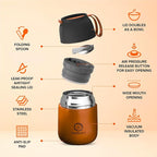 ENERGIFY Vacuum Insulated Food Jar. Large 17oz Bowl incl Folding Spoon, Cup. Wide Mouth Keep Hot & Cold Drinks Soup Lunch Container for Adults BPA-Free Stainless Steel, Leak Prooff Spiced copper