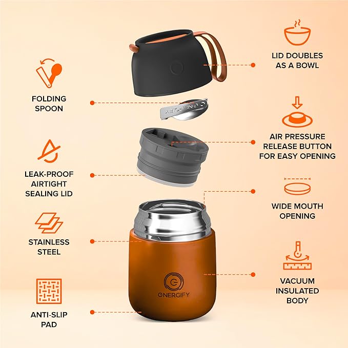 ENERGIFY Vacuum Insulated Food Jar. Large 17oz Bowl incl Folding Spoon, Cup. Wide Mouth Keep Hot & Cold Drinks Soup Lunch Container for Adults BPA-Free Stainless Steel, Leak Prooff Spiced copper