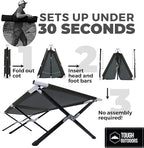 Tough Outdoors Camping Cot for Adults - Oversized Camping Cot - Durable Heavy Duty Military Bed - Elevated Foldable Cot & Camp Cots for Adults - XL Cot up to 300 lbs - w/Organizer & Storage Bag