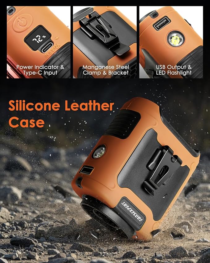 Portable Waist Fan Clip on, Personal Wearable Belt Fan 10000mAh Rechargeable Battery Under Shirt,5 Speeds with light, Neck Fan Hands-Free Cooling For Outdoor Camping Travel (Orange)