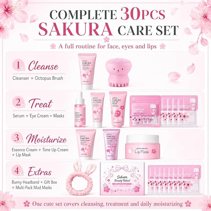 Japan Sakura Skin Care Set For Teen Girls, Skincare For Girls 10-12, Skin Care For Teens 10-12, Japanese Cherry Blossom Skin Care For Kids, Birthday & Mothers Day Gifts 30PCS