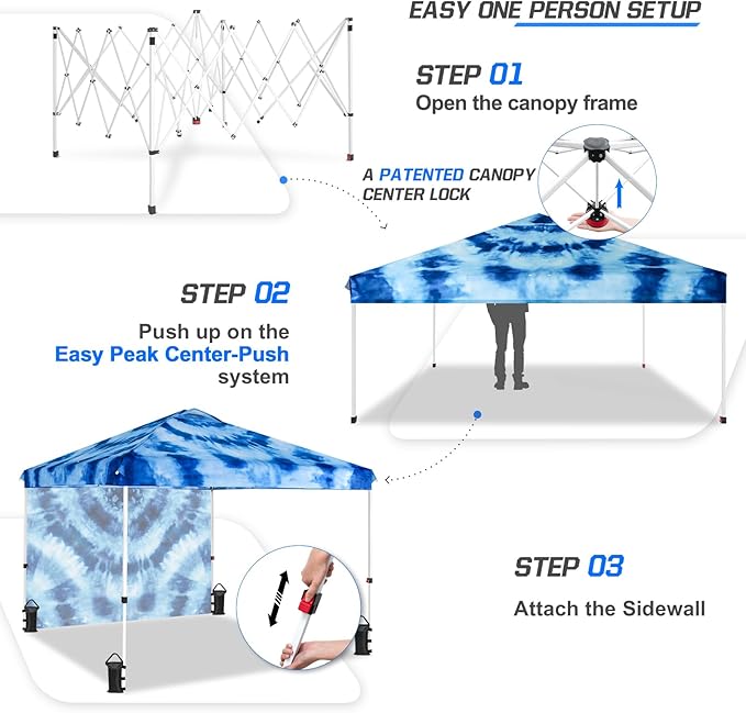EAGLE PEAK Pop Up Canopy Tent with 1 Sidewall, Easy Setup Event Tent, Outdoor Sun Shade, Wheeled Carry Bag, Stakes and Guy Ropes, Instant Canopy 10x10, Tie Dye Blue