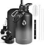 Insulated Water Bottle 64 oz, Triple Wall Vacuum Stainless Steel (Cold for 48 Hrs), Leak Proof & Non-BPA, Half Gallon Water Flask Jug with Paracord Handle & Straw Spout Lids, Dark Gray
