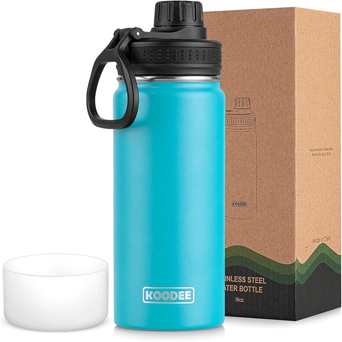 koodee Insulated Water Bottle -18 oz Stainless Steel Double Wall Vacuum Wide Mouth Sport Bottle with Leakproof Spout Lid (Sky Blue)