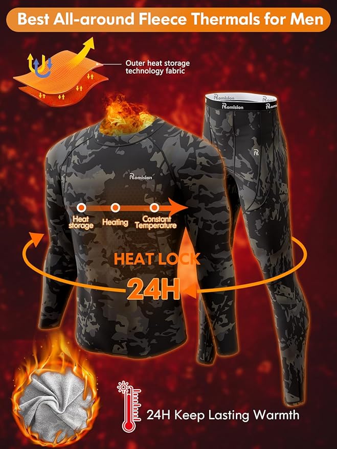 romision Thermal Underwear for Men Long Johns Fleece Lined Hunting Gear Bottom Top Set Base Layer for Cold Weather Gift