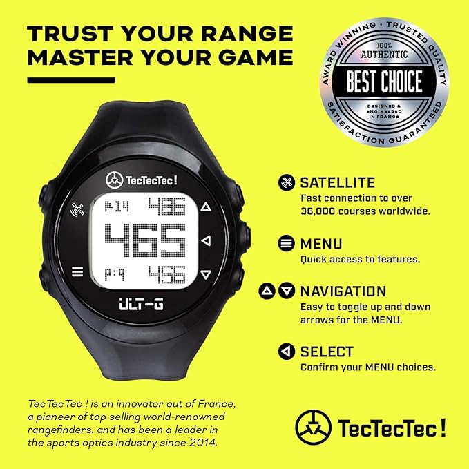 TecTecTec ULT-G Stylish, Lightweight and Multi-Functional Golf GPS Watch, Durable Wrist Band with LCD Display, Worldwide Preloaded Courses - Black