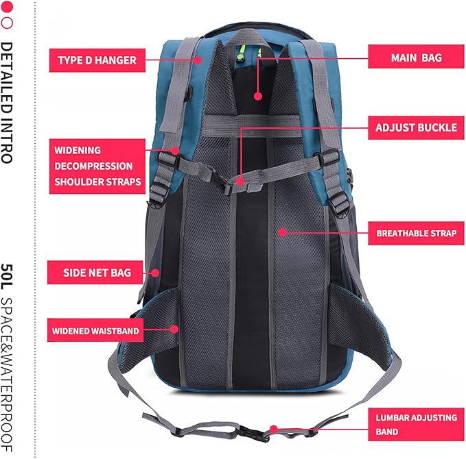 Bseash 50L Hiking Backpack, Water Resistant Lightweight Outdoor Sport Daypack Travel Bag for Camping Climbing Skiing Cycling (Blue Green - With Shoe Compartment)