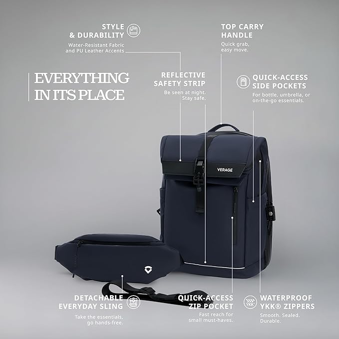Verage Pulse 2-in-1 Roll Top Laptop Backpack 16″ with Detachable Everyday Sling Bag, Personal Item Size, Expandable Water-Resistant Travel Backpack for Airplane, Work & Daily Commute – Navy