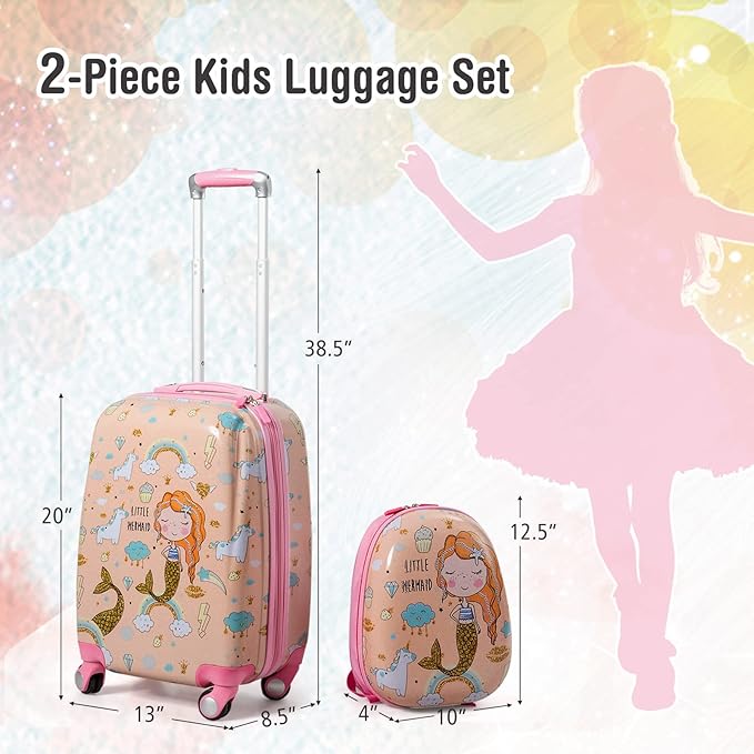 Goplus Kids Luggage Set, 12" & 18" Kids Carry On Luggage Set, Multi-directional Wheels Suitcase, Large Capacity Rolling Trolley Suitcase, Gift for Boys and Girls Toddlers Children Travel