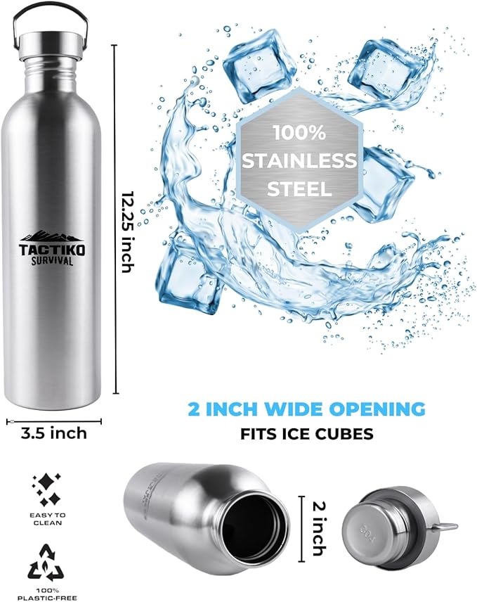 Tactiko Survival Stainless Steel Wide Mouth Water Bottle, Single Wall Boil-Safe, Leakproof, BPA-Free with Carry Sleeve and Strap for Camping, Hiking, Outdoor Prep (Black, 51 oz / 1500 ml)