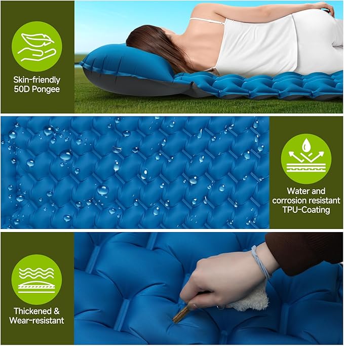 Inflating Sleeping Pad Mattress for Camping: Inflatable Camping Bed with Built-in Foot Pump for Tent - 4" Extra Thick Mat Air Cot for Floor - 2 Person Blue