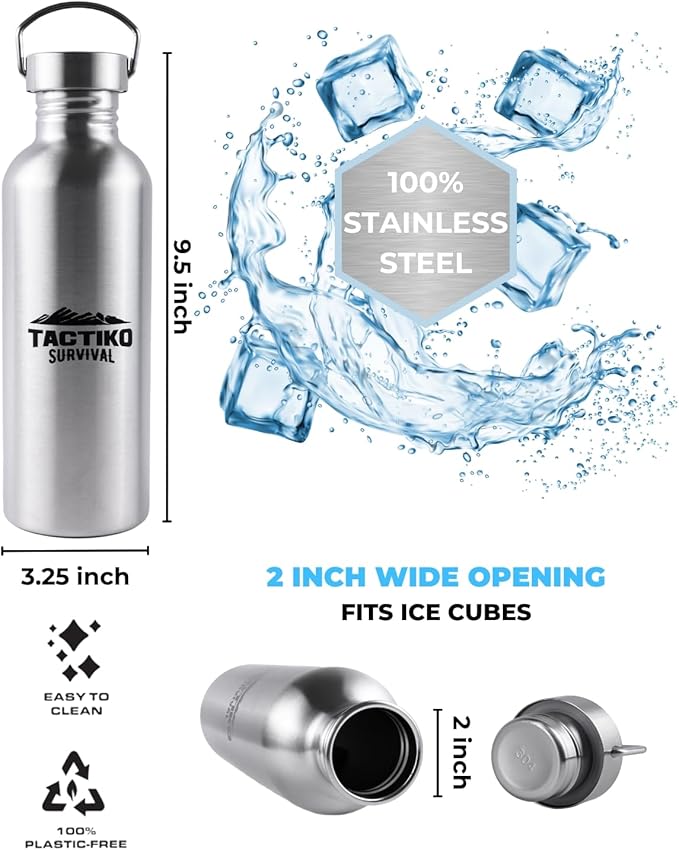 Tactiko Survival Stainless Steel Wide Mouth Water Bottle, Single Wall Boil-Safe, Leakproof, BPA-Free with Carry Sleeve and Strap for Camping, Hiking, Outdoor Prep (Black, 34 oz / 1000 ml)