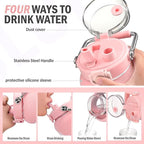 BLUEGO 84oz Water Bottle Glass with Stainless Steel Handle Large 2.5l Water Bottle with Time Markers and Silicone Sleeve Half Gallon Water Jug BPA Free for Gym Daily Use, Pink