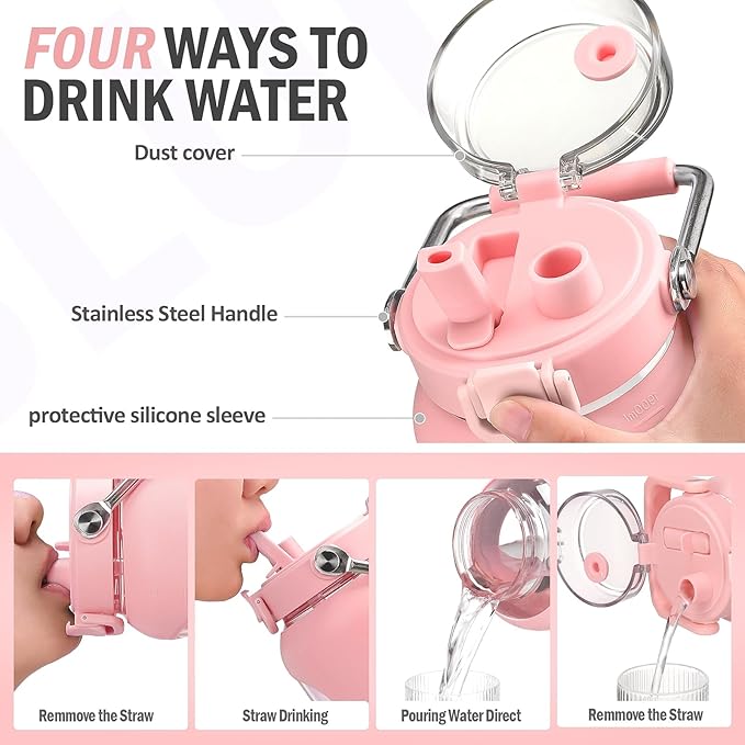 BLUEGO 84oz Water Bottle Glass with Stainless Steel Handle Large 2.5l Water Bottle with Time Markers and Silicone Sleeve Half Gallon Water Jug BPA Free for Gym Daily Use, Pink