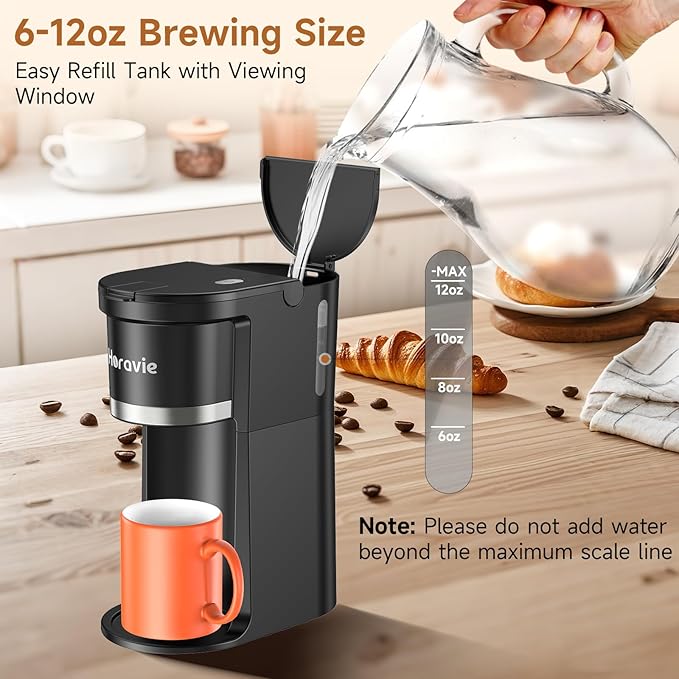 Single Serve Coffee Maker, Fast Brew One Cup Coffee Machine for K Cup and Grounds, 6 to 12 oz. Brew Sizes, Capsule Coffee Machine with Descaling Reminder and Viewing Tank, Black