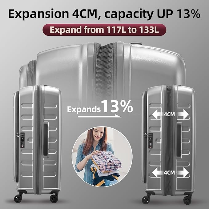 2 Pieces 20/29 Luggage Sets, 20 Inch Cabin Luggage with Front Pocket & 29 Inch Side Opening Suitcase, Ligthweight ABS+PC Hardshell, Gray