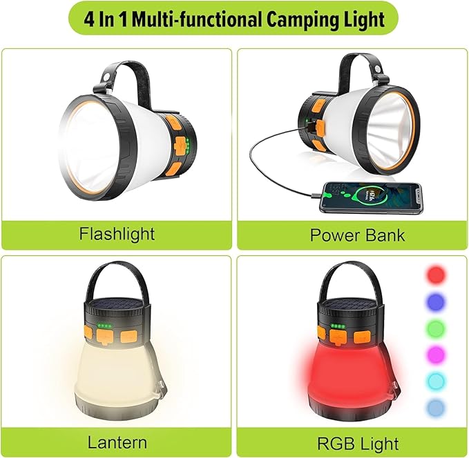6 Pack LED Camping Lantern, 1500 Lumens Camping Lantern Rechargeable with Solar Panel Charging, Waterproof, 8 Light Modes, 7500mAh, Camping Flashlight for Hurricane Emergency, Outdoor