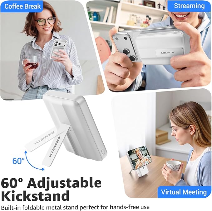 Azmuth Magnetic Power Bank,10000mAh for MagSafe Battery Pack, 22.5W PD Fast Charging,LED Display & Foldable Stand Wireless Portable Charger for iPhone 17/16/15/14/13/12/Pro/Pro Max/Plus,Pearl White