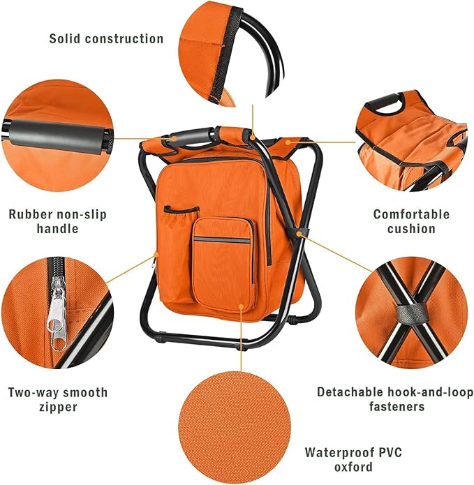 Kikerike Backpack Stool Cooler Chair Heavy Duty 400 LBS Max Load Portable Lightweight Stool Backpack Folding Fishing Cooler Seat for Camping Hunting Fishing - Orange