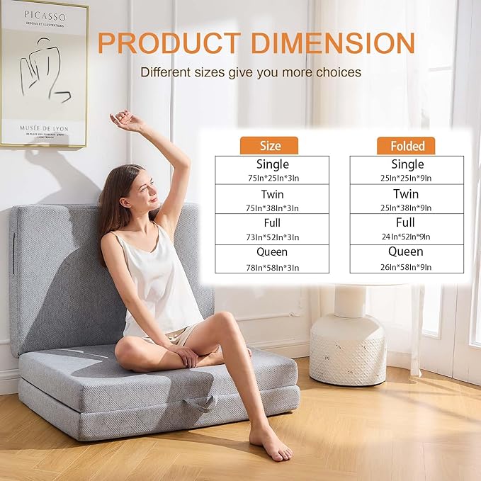 Trifold Mattress Queen，3 Inch Folding Mattress Twin,Foldable Mattress,Tri Folding Mattress Removable and Washable with Handles and Non-Slip Bottom for RV/Camping/Guest Room, 78" x 58" x 3"