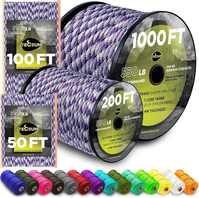 TECEUM 5/32" Paracord Rope 1000 – 1000ft / 200ft / 100ft / 50ft – Tactical Parachute Cord 4mm – 45+ Colors – Nylon String for Survival & Camping Gear – Stripe Cord for Survival – Utility Rope