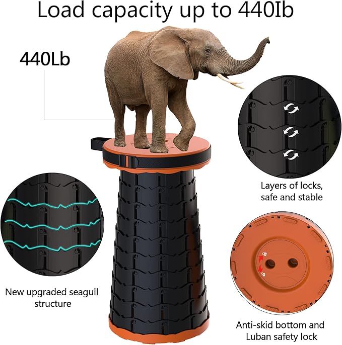 ALEVMOOM Telescoping Stool with Cushion,Portable Collapsible Stool,Camping Stools Retractable Folding Chair,More Sturdy Capacity 440Ib,for Garden Hiking Travel BBQ with Carry Bag&Carabiner