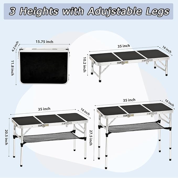 Tri-fold Folding Picnic Table, 3ft Camping Table Lightweight Portable Aluminum Outdoor Table with Adjustable Heights for Backyard BBQ Party