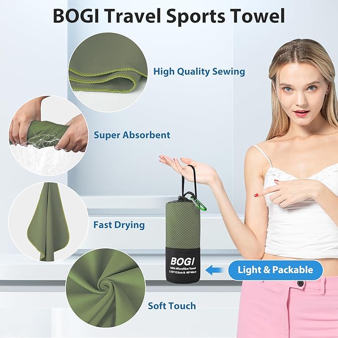 BOGI Microfiber Travel Sports Towel-Quick Dry Travel Towel,Soft Lightweight Absorbent Compact Sports Towel for Camping Gym Beach Bath Yoga Swimming Backpacking (M:40''x20''-AGreen)