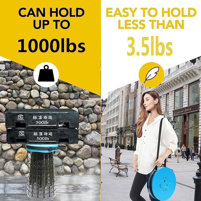 ALEVMOOM Upgraded 19.7" Portable Collapsible Folding Stool Retractable Telescoping Foldable Stool for Adults Heavy Duty Camping Sturdy with Max Load Capacity 1000lbs for Outdoor Fishing Hiking BBQ