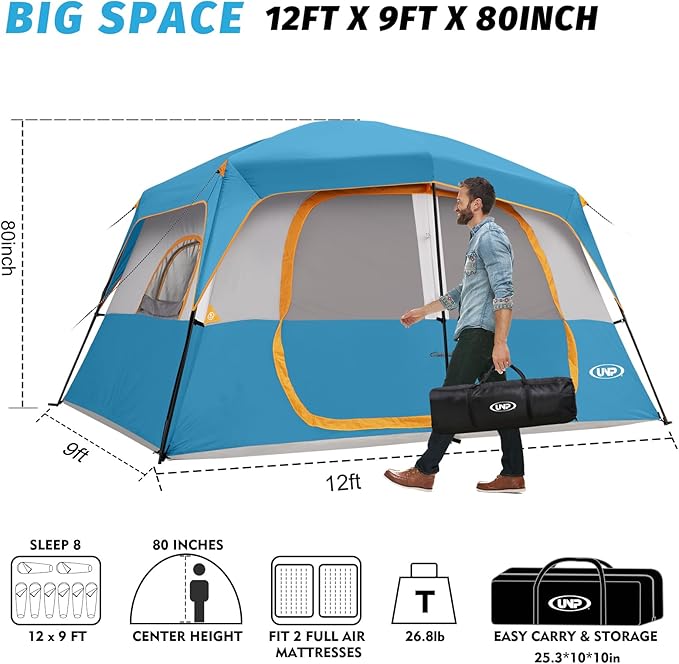 UNP 2/4/6/8 Person Tent, Portable Cabin Tent, Camping Tent 4-Person Easy Set Up, Waterproof with Top Rainfly for Outdoor Camping/Hiking