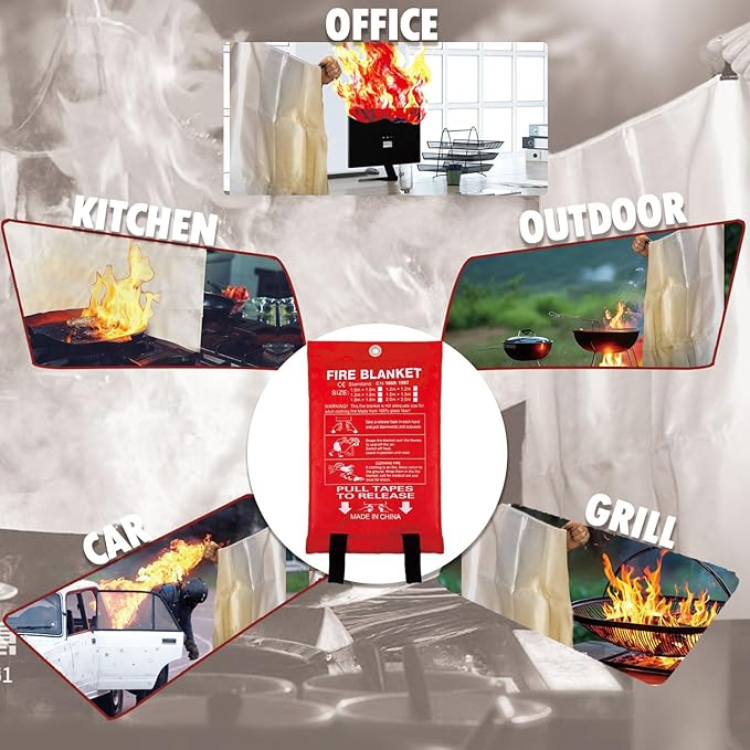 MDH Fire Blanket 40x40 Inches Fiberglass w/Gloves Hooks Whistle - Fireproof Safety for Home, Kitchen, Restaurant, House - Fire Suppression Reusable (Fire Blanket 4-Pack)