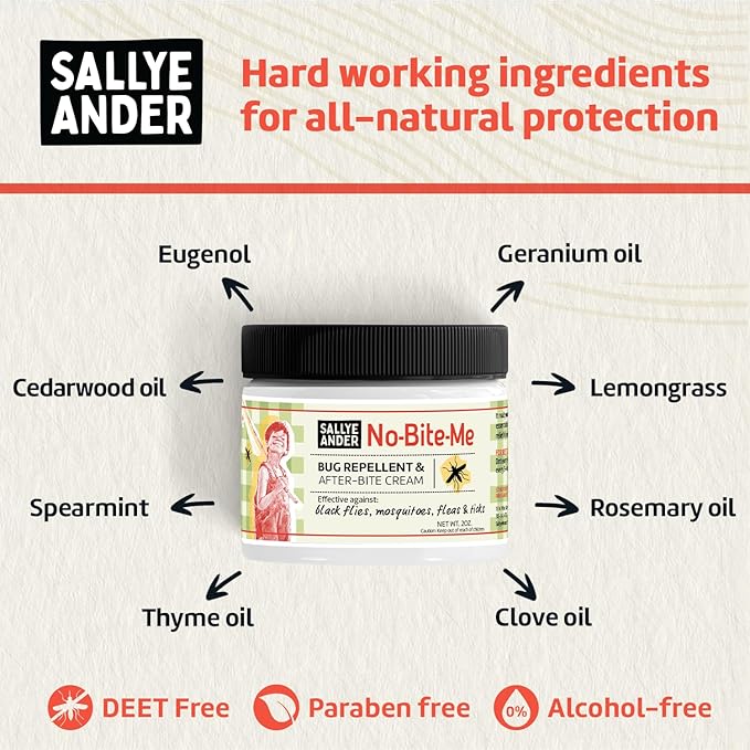 SALLYEANDER No Bite Me All-Natural Bug & Insect Repellent - Anti Itch Cream - 2 oz - Safe for Kids and Infants - Repels Mosquitoes, Black Flies, Fleas, and Ticks