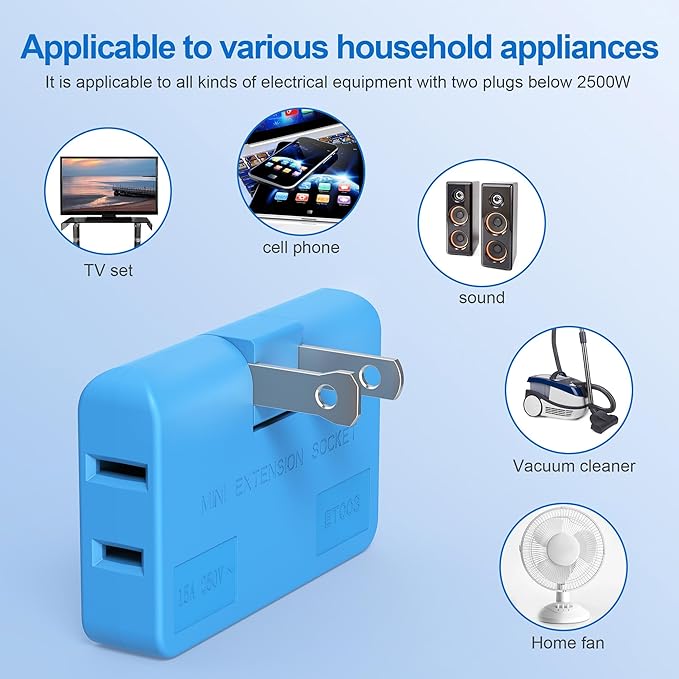 ETwinCoo Flat Wall Plug Adapter AC Outlet Extender, 2-Prong Swivel Mini Indoor Wall Tap Plug, Outlet Splitter (Quick & Space Save) Perfect for Home and Travel, Type A, Blue (3 Way-2 Pack)