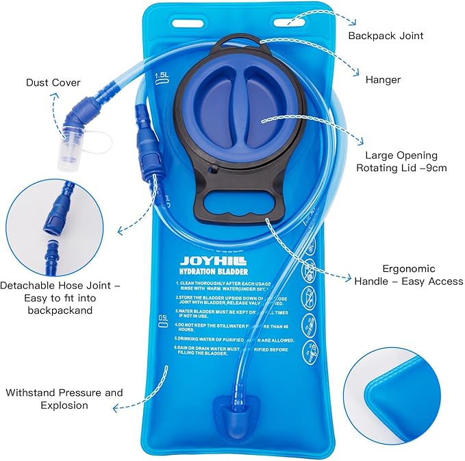 JOYHILL TPU Hydration Bladder,1.5L 2L 3L Water Bladder for Hiking Backpack BPA Free Leak Proof Hydration Pack