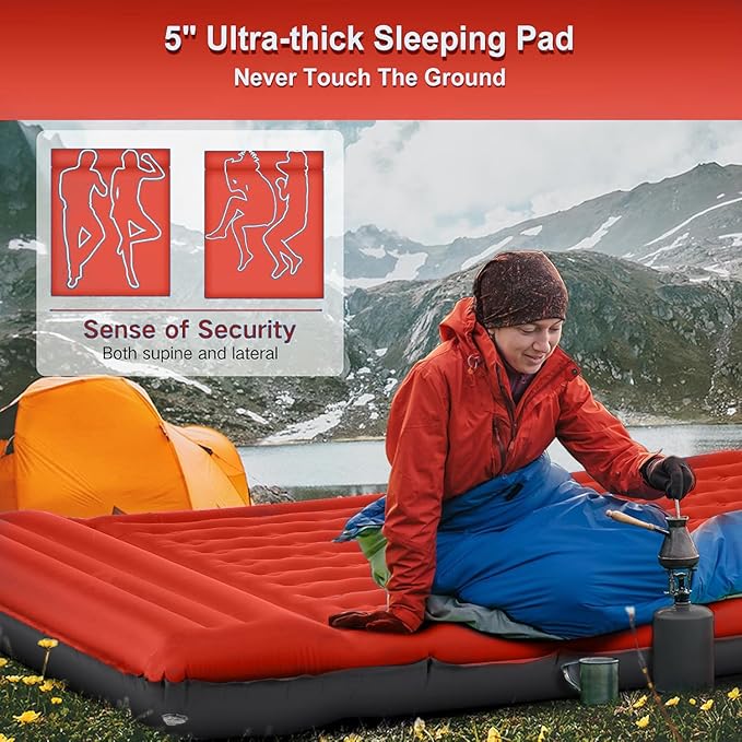 Double Sleeping Pad Camping, Self Inflating 6'' Extra-Thick 2 Person Pillow Built-in Foot Pump Waterproof Inflatable Sleeping Mat Backpacking, Tent, Hiking, Portable Camping Pad