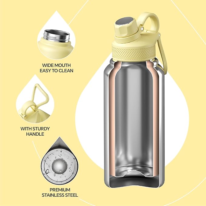 IDEUS Insulated Stainless Steel Water Bottle with 2 Leak-Proof Lids, Thermal Water Flask for Hiking Biking, 32oz, Light Yellow