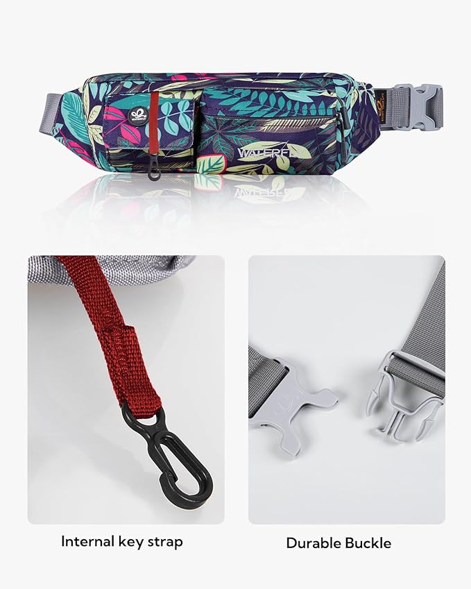 WATERFLY Fanny Pack Slim Soft Polyester Water Resistant Waist Bag for Man Women Carrying iPhone Xs / 8 Plus Samsung S10 Plus/Note 8 (Blue Leaf)