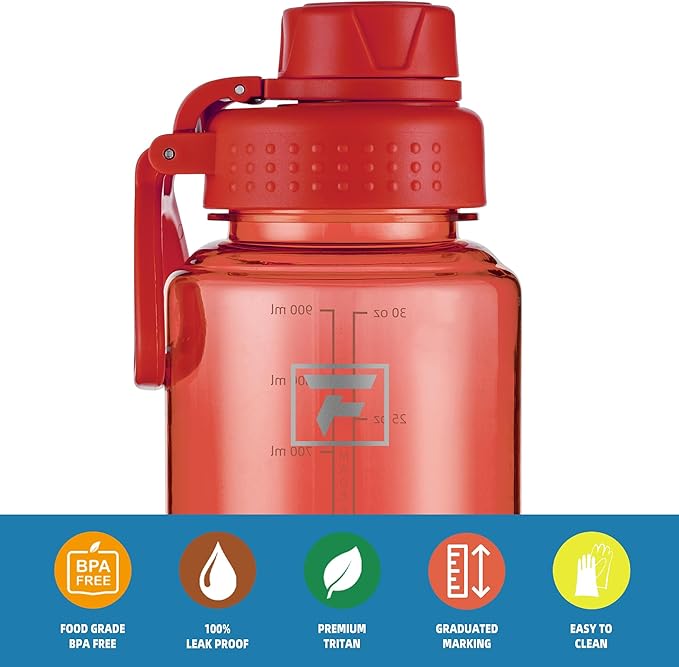 Fanhaw 32 oz Clear Water Bottle with Fast-Flow Spout Lid, BPA-Free Tritan, Wide Mouth, Leakproof, Reusable Bottle for Gym, School, Office, Travel (Red)