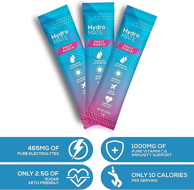 HydroMATE Electrolyte Powder Fruit Punch Hydration Packets Low Sugar 16 Count