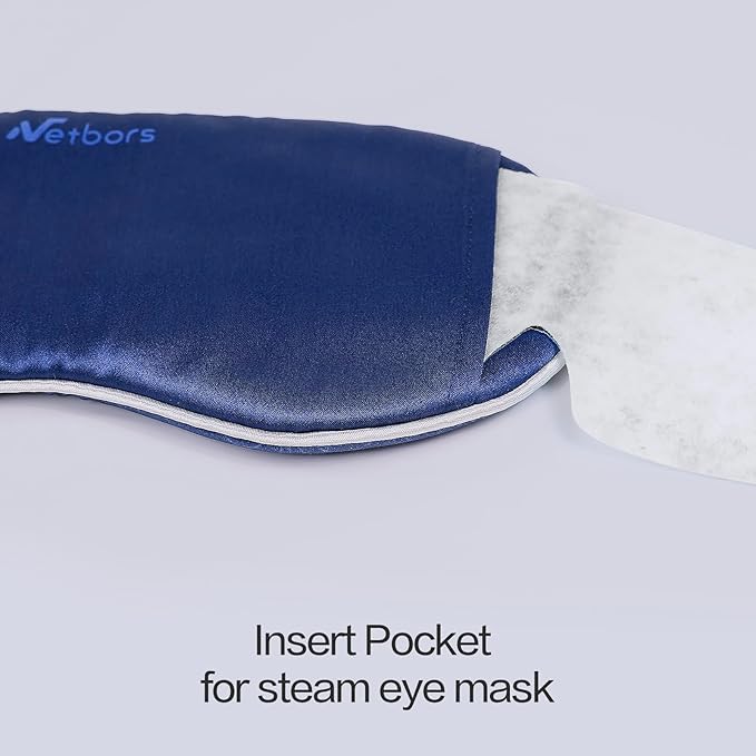 Luxury Silk Sleep Mask with 22mm Mulberry Silk, Velvet Elastic Band, Heat Therapy Pocket, and Travel Pouch, Navy Color